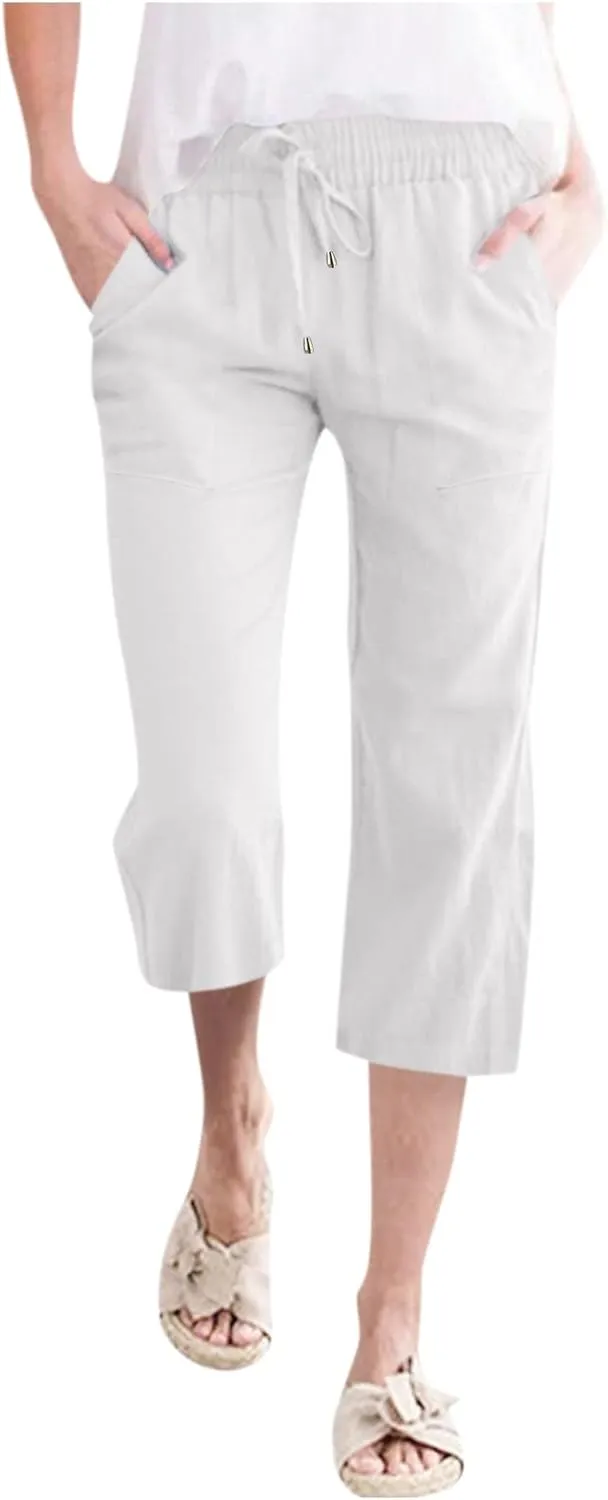 Wide Leg Capris For Women Linen Casual 2024 Summer Drawstring Straight Leg Cropped Trouser Boho Fashion Lounge Pant