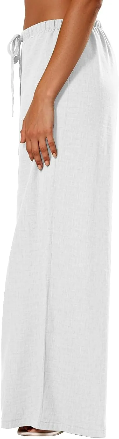 Wide Leg Linen Pants for Women Loose Drawstring High Waisted Palazzo Pants with Pockets Summer Causal Yoga Work Pants