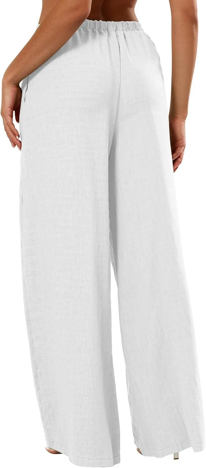 Wide Leg Linen Pants for Women Loose Drawstring High Waisted Palazzo Pants with Pockets Summer Causal Yoga Work Pants
