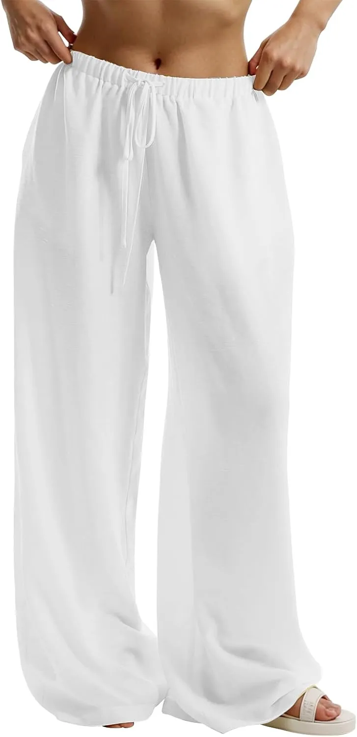 Wide Leg Linen Pants for Women Loose Drawstring High Waisted Palazzo Pants with Pockets Summer Causal Yoga Work Pants
