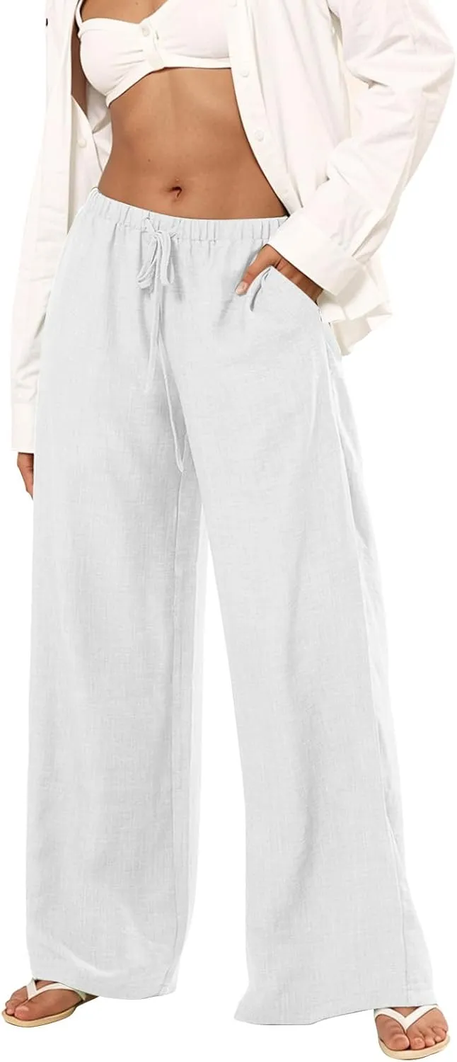 Wide Leg Linen Pants for Women Loose Drawstring High Waisted Palazzo Pants with Pockets Summer Causal Yoga Work Pants