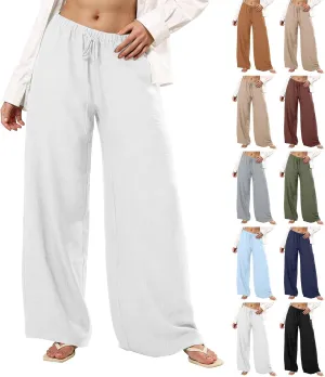 Wide Leg Linen Pants for Women Loose Drawstring High Waisted Palazzo Pants with Pockets Summer Causal Yoga Work Pants