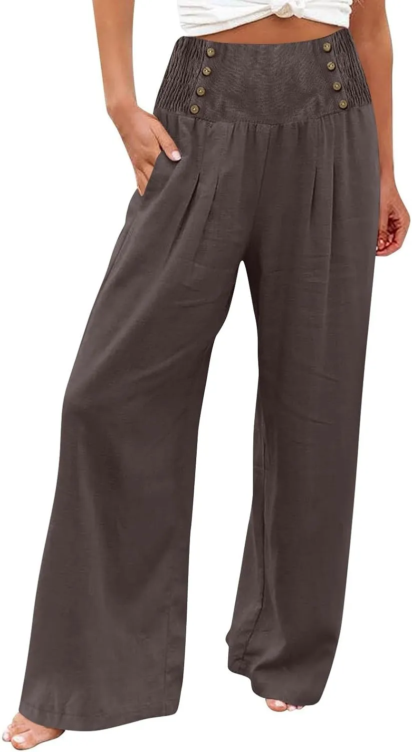 Wide Leg Linen Pants for Women Smocked High Waisted Palazzo Pants Flowy Summer Beach Trousers Outfits with Pockets