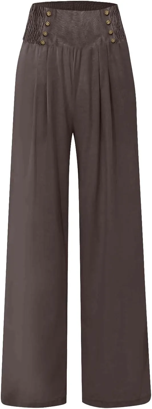 Wide Leg Linen Pants for Women Smocked High Waisted Palazzo Pants Flowy Summer Beach Trousers Outfits with Pockets