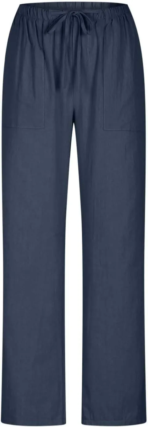 Wide Leg Pants Women Summer 2024 Trendy Straight Leg Pants Cotton Linen Drawstring Elastic Trousers with Pockets
