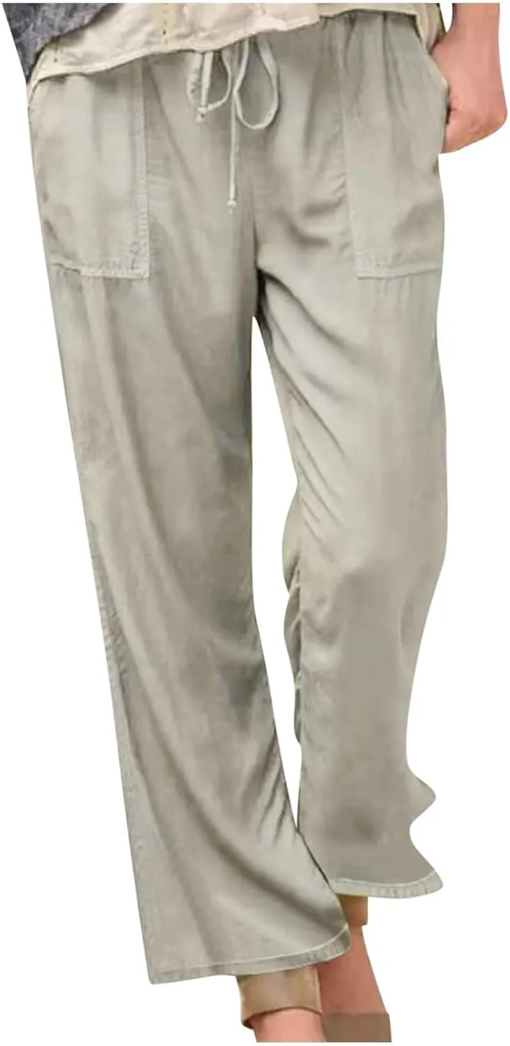 Wide Leg Pants Women Summer 2024 Trendy Straight Leg Pants Cotton Linen Drawstring Elastic Trousers with Pockets