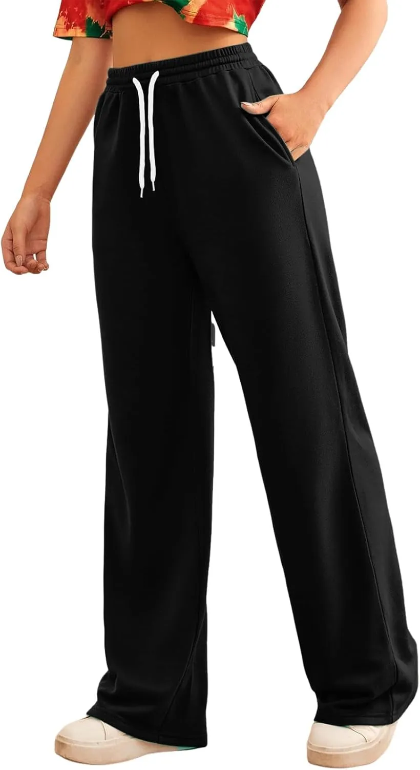 Wide Leg Sweat Pants for Womens High Waisted Baggy Sweatpants Casual Drawstring Workout Athletic Pants with Pockets