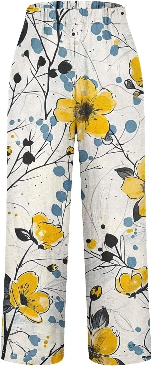 Woman Wide Leg Linen Pants 2025 Women's Botanical Floral Print Loose Pocket Casual Cotton and Linen Pants