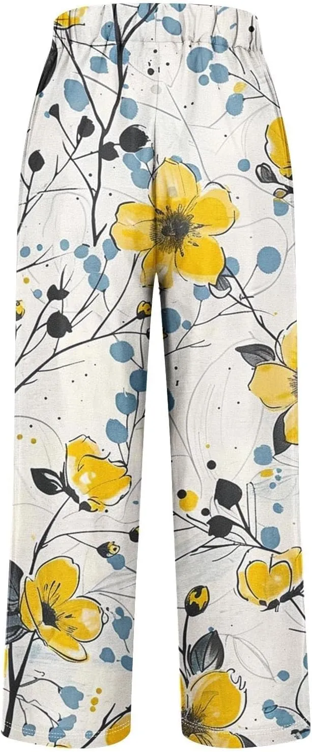 Woman Wide Leg Linen Pants 2025 Women's Botanical Floral Print Loose Pocket Casual Cotton and Linen Pants