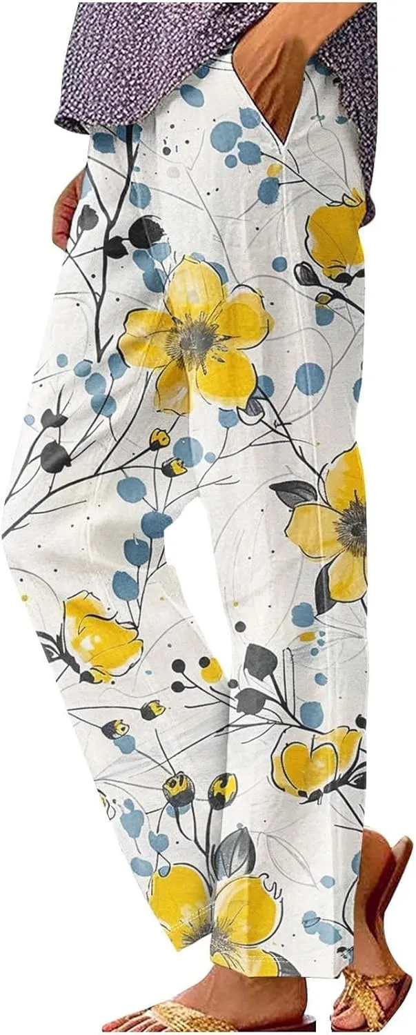 Woman Wide Leg Linen Pants 2025 Women's Botanical Floral Print Loose Pocket Casual Cotton and Linen Pants