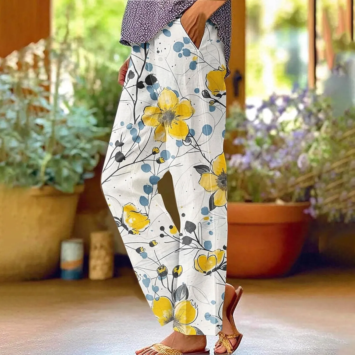 Woman Wide Leg Linen Pants 2025 Women's Botanical Floral Print Loose Pocket Casual Cotton and Linen Pants