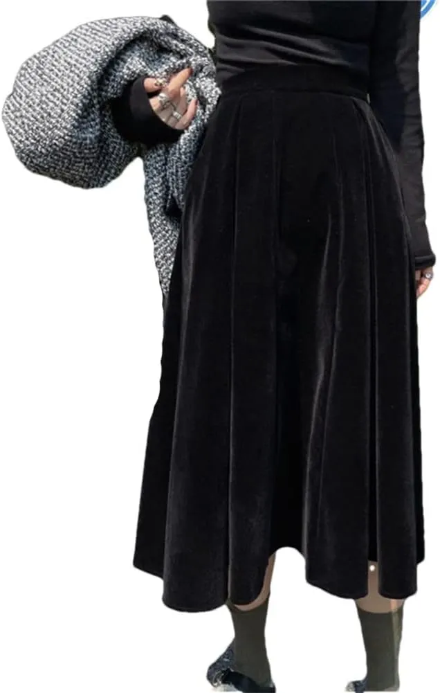 Women Autumn Winter Skirt A Line Retro Vintage Long Midi Velour Skirt