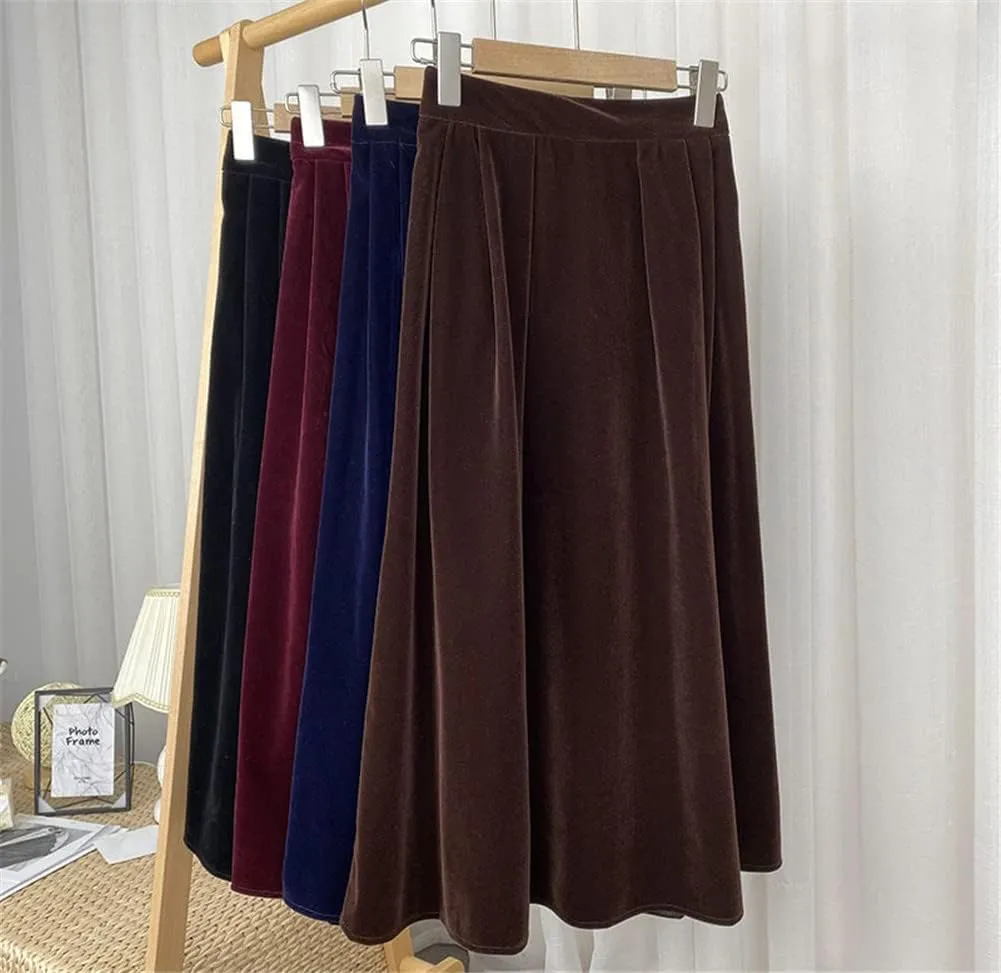 Women Autumn Winter Skirt A Line Retro Vintage Long Midi Velour Skirt