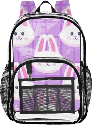 Women Clear Backpack Cute Kids Backpack Boys Girls Plastic Transparent Bookbag Cute Cartoon Bunny Faces Purple