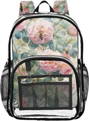 Women Clear Backpack Cute Kids Girls Backpack Boys Approved Transparent Bag Roses Flowers Painting
