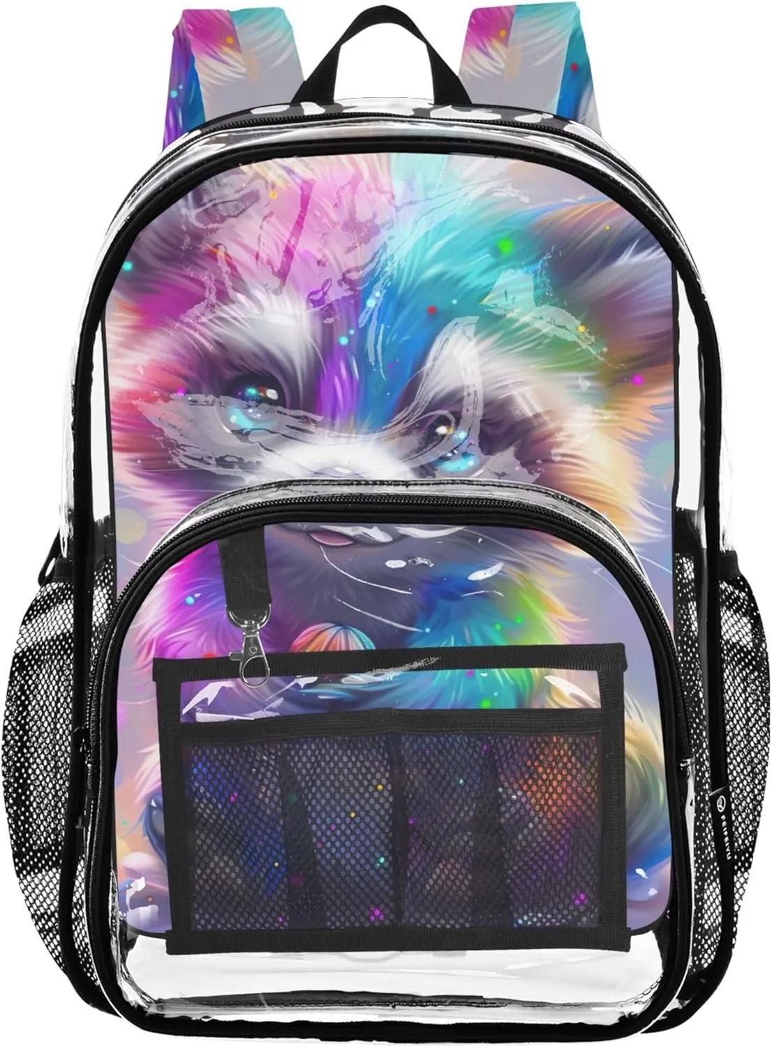 Women Clear Backpack Cute Rainbow Colorful Raccoon Girls Backpack for Kids Large Plastic Approved Bag