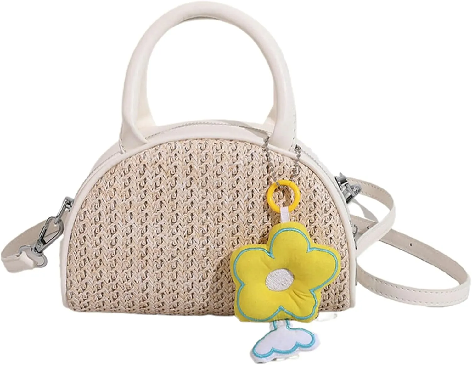 Women Crossbody Bag Straw Handbag Commuter Bag Floral Keychain Zip Circle Shoulder Bag