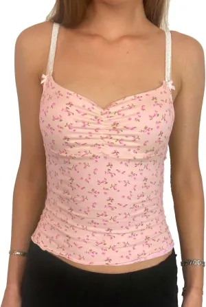 Women Cute Floral Tank Tops Y2k Sleeveless Backless Spaghetti Strap Top Summer V Neck Mini Vest Retro 00s Camisole