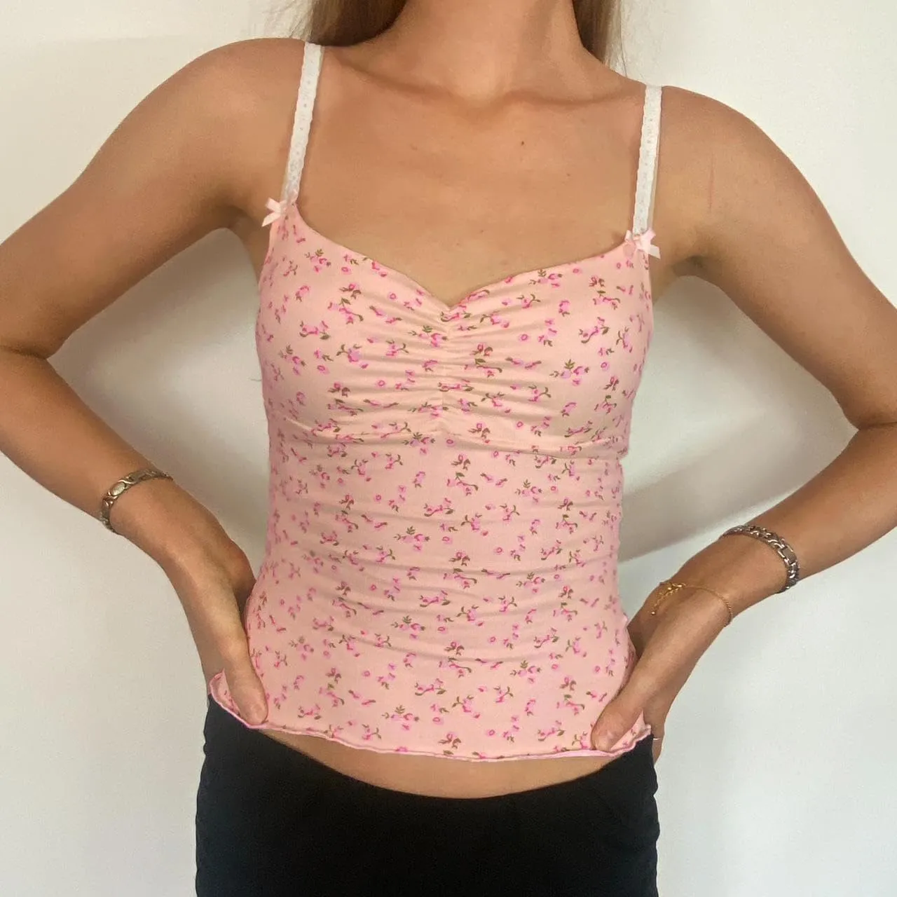 Women Cute Floral Tank Tops Y2k Sleeveless Backless Spaghetti Strap Top Summer V Neck Mini Vest Retro 00s Camisole