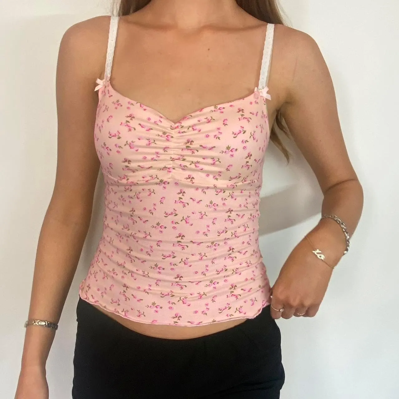 Women Cute Floral Tank Tops Y2k Sleeveless Backless Spaghetti Strap Top Summer V Neck Mini Vest Retro 00s Camisole