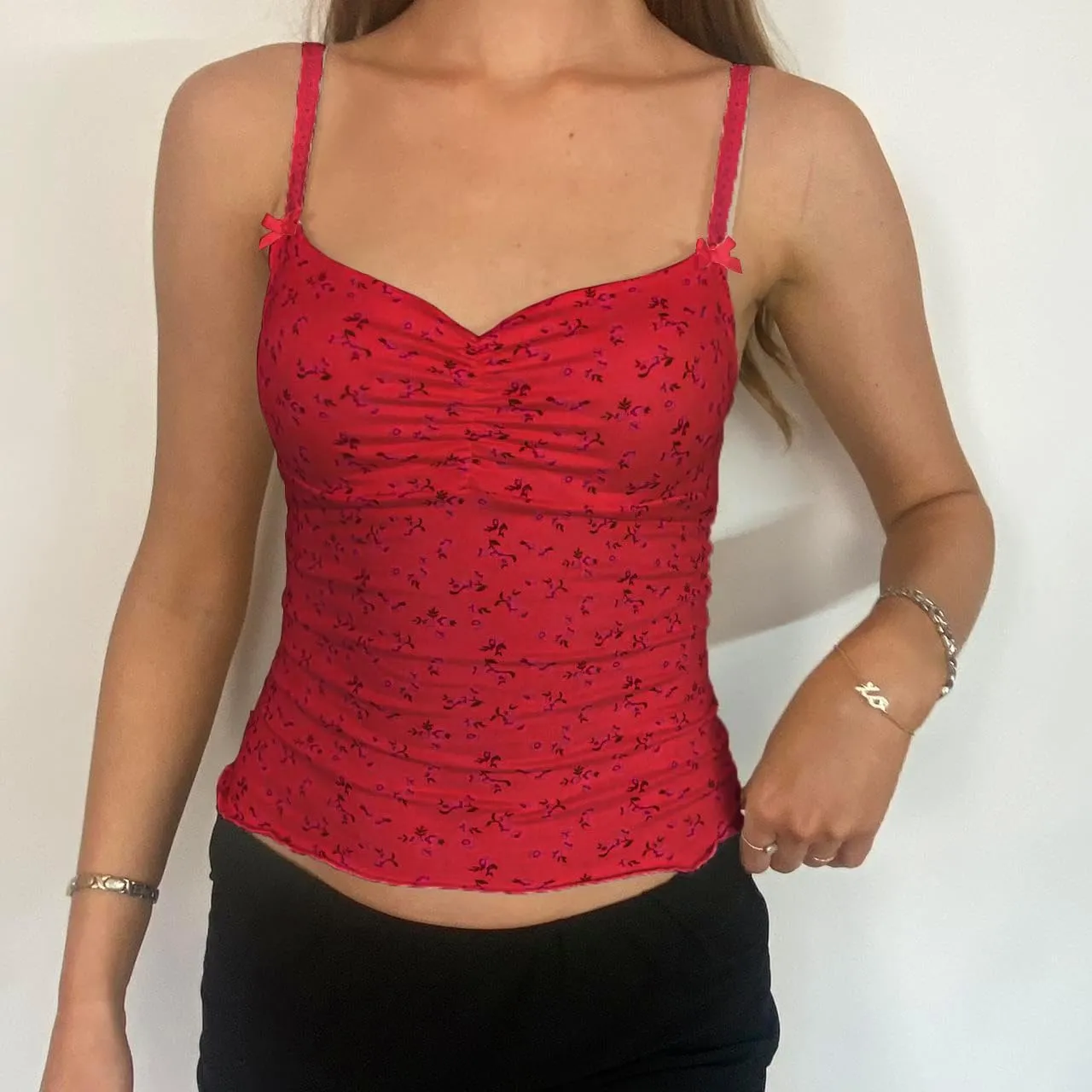 Women Cute Floral Tank Tops Y2k Sleeveless Backless Spaghetti Strap Top Summer V Neck Mini Vest Retro 00s Camisole