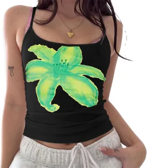 Women Floral Print Tank Cami Top Y2k Slim Spaghetti Strap Low Cut Sleeveless Camisole Vintage Aesthetic Streetwear