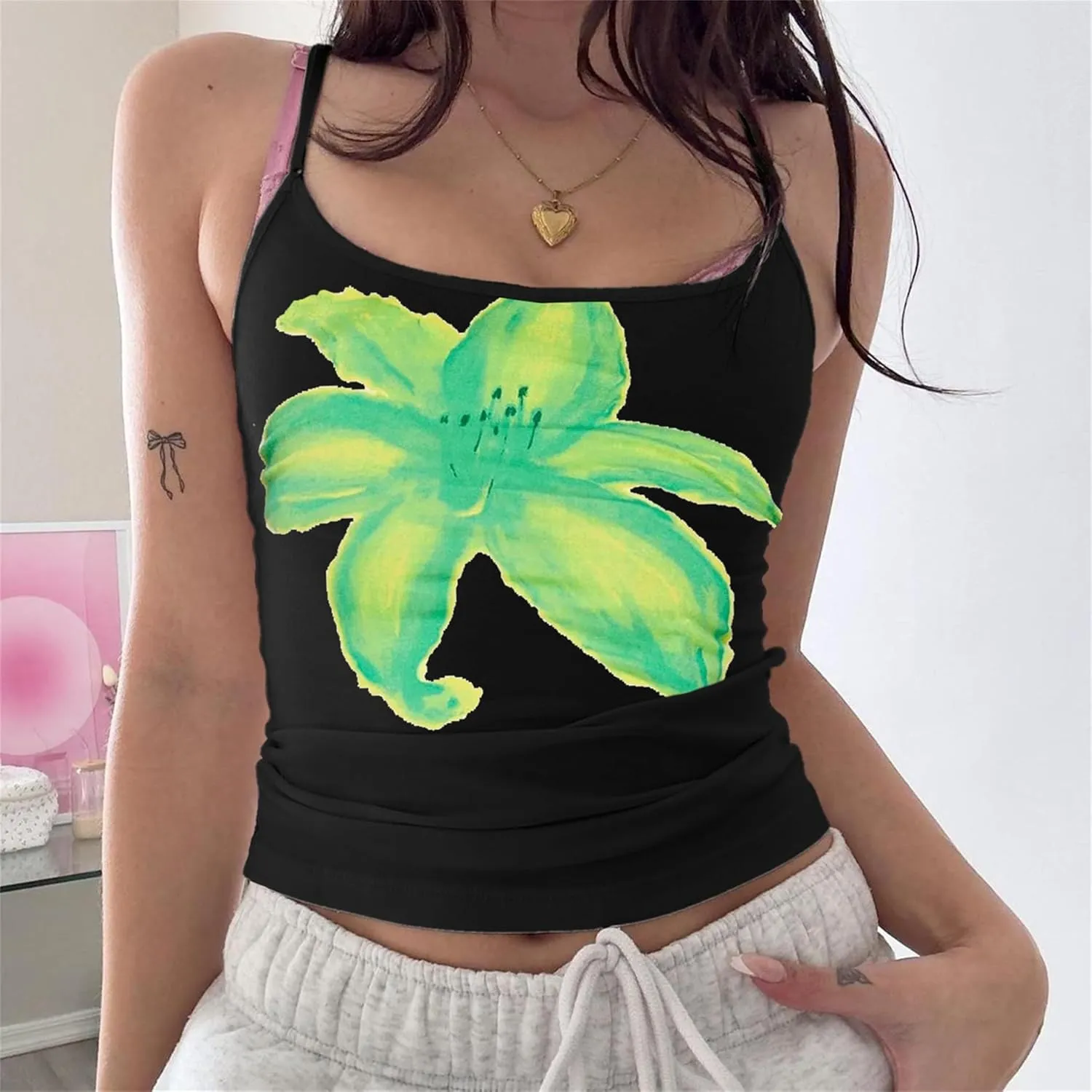 Women Floral Print Tank Cami Top Y2k Slim Spaghetti Strap Low Cut Sleeveless Camisole Vintage Aesthetic Streetwear