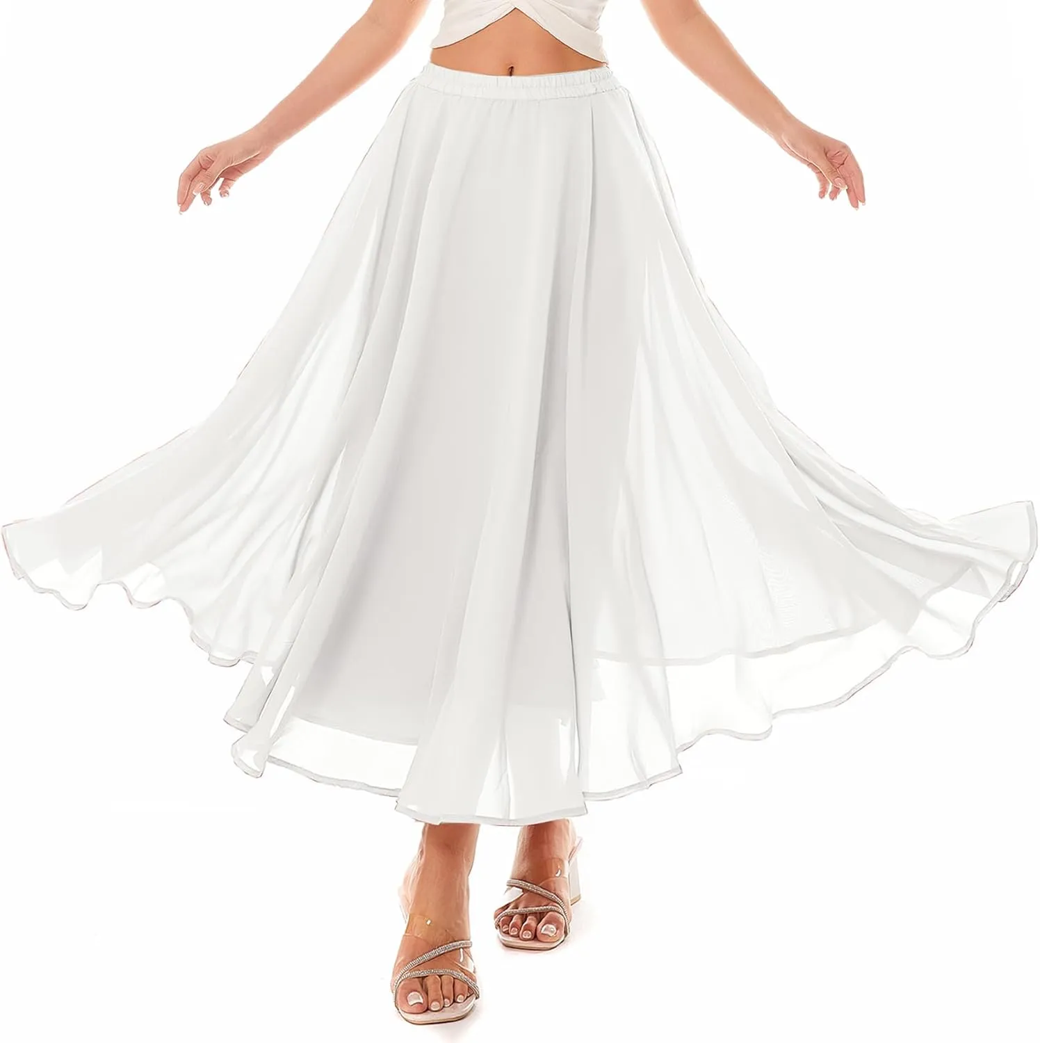 Women Full Ankle Length Elastic Pleated Retro Maxi Chiffon Long Skirt