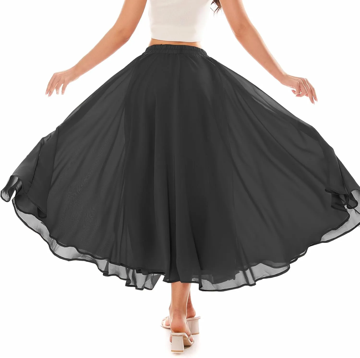 Women Full Ankle Length Elastic Pleated Retro Maxi Chiffon Long Skirt