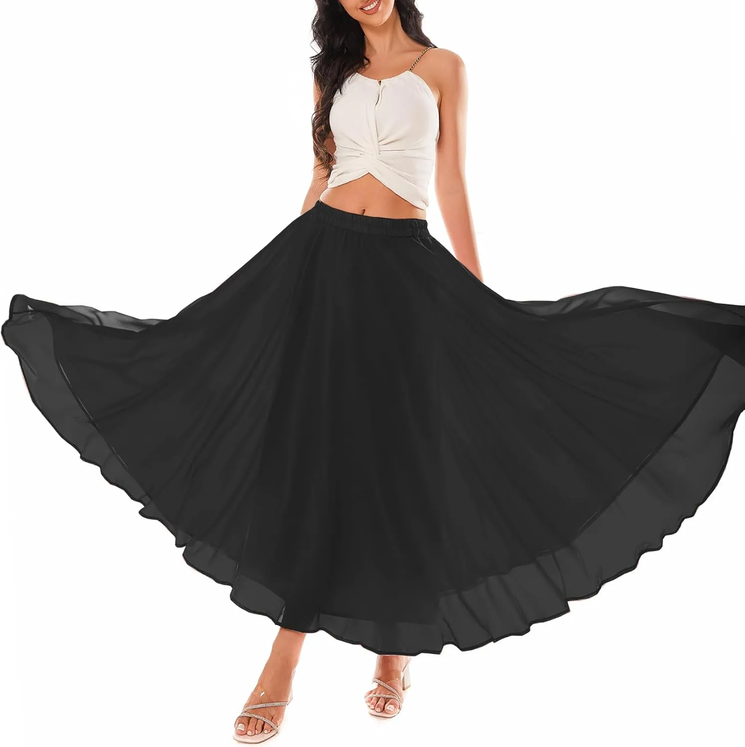 Women Full Ankle Length Elastic Pleated Retro Maxi Chiffon Long Skirt