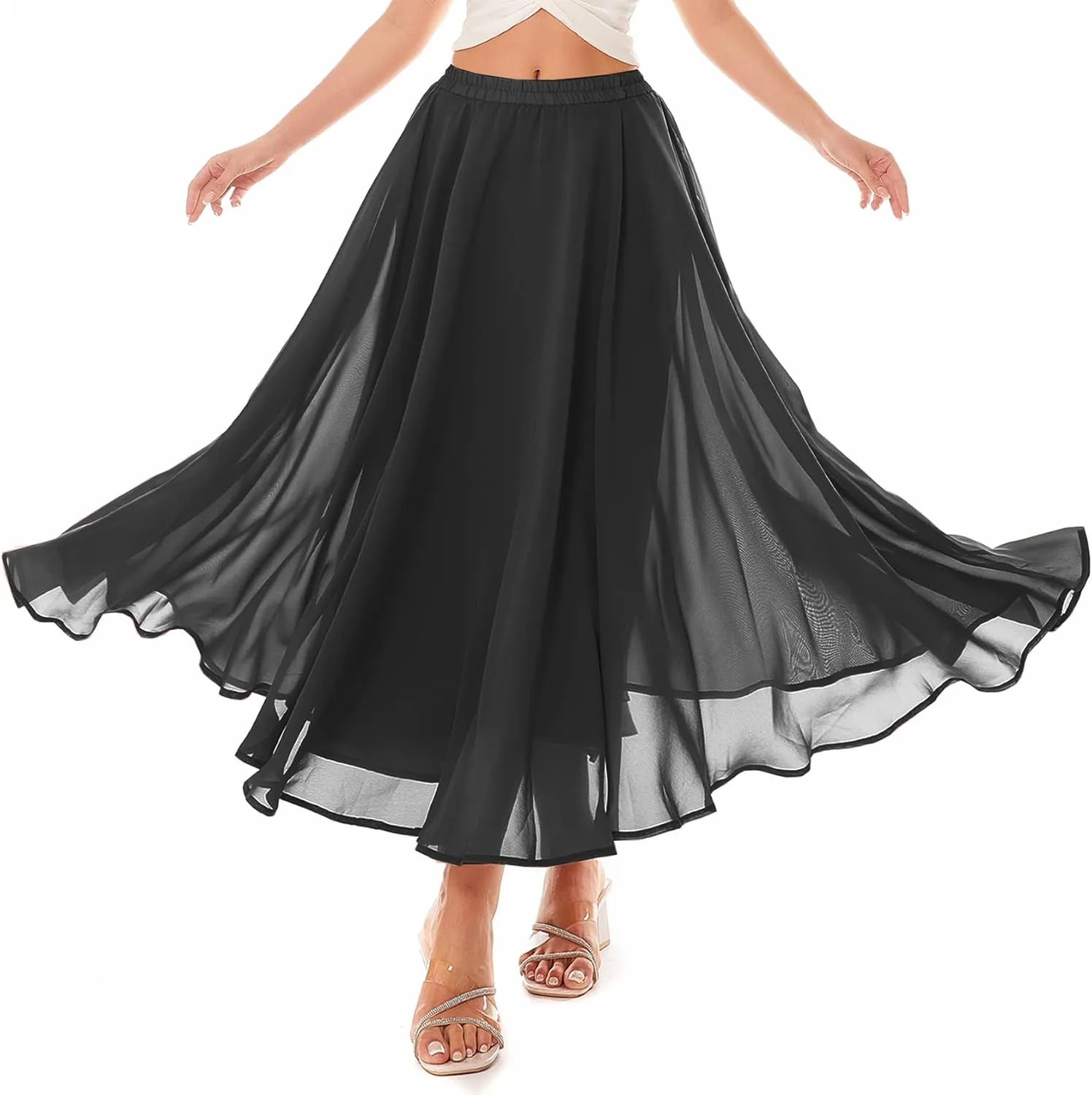 Women Full Ankle Length Elastic Pleated Retro Maxi Chiffon Long Skirt