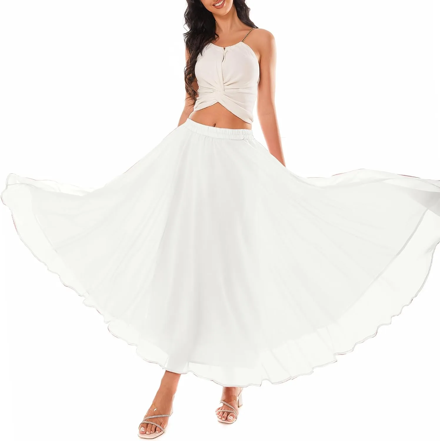 Women Full Ankle Length Elastic Pleated Retro Maxi Chiffon Long Skirt