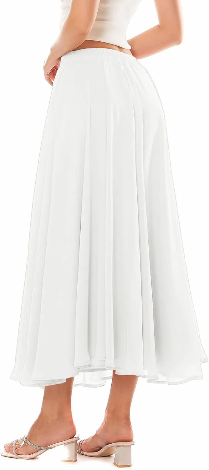 Women Full Ankle Length Elastic Pleated Retro Maxi Chiffon Long Skirt