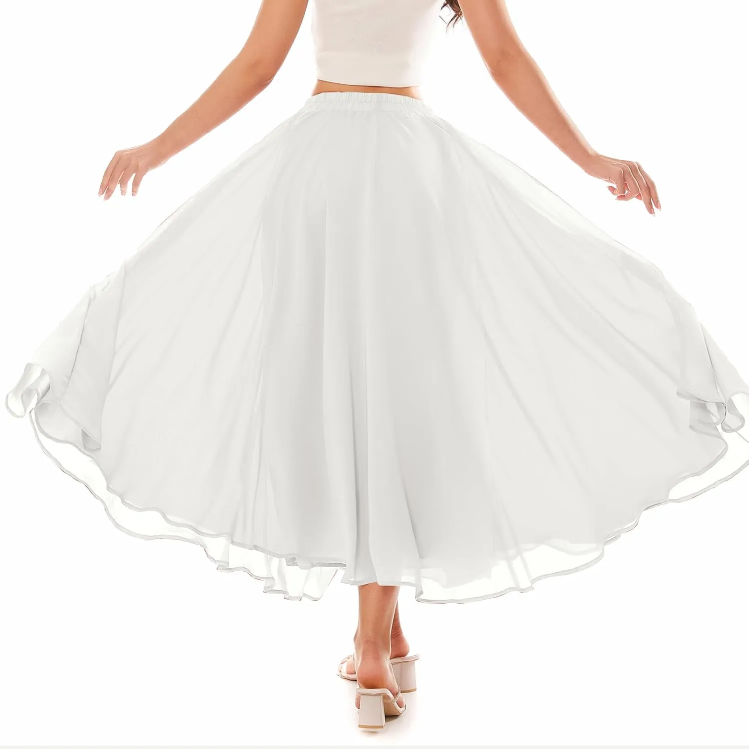 Women Full Ankle Length Elastic Pleated Retro Maxi Chiffon Long Skirt