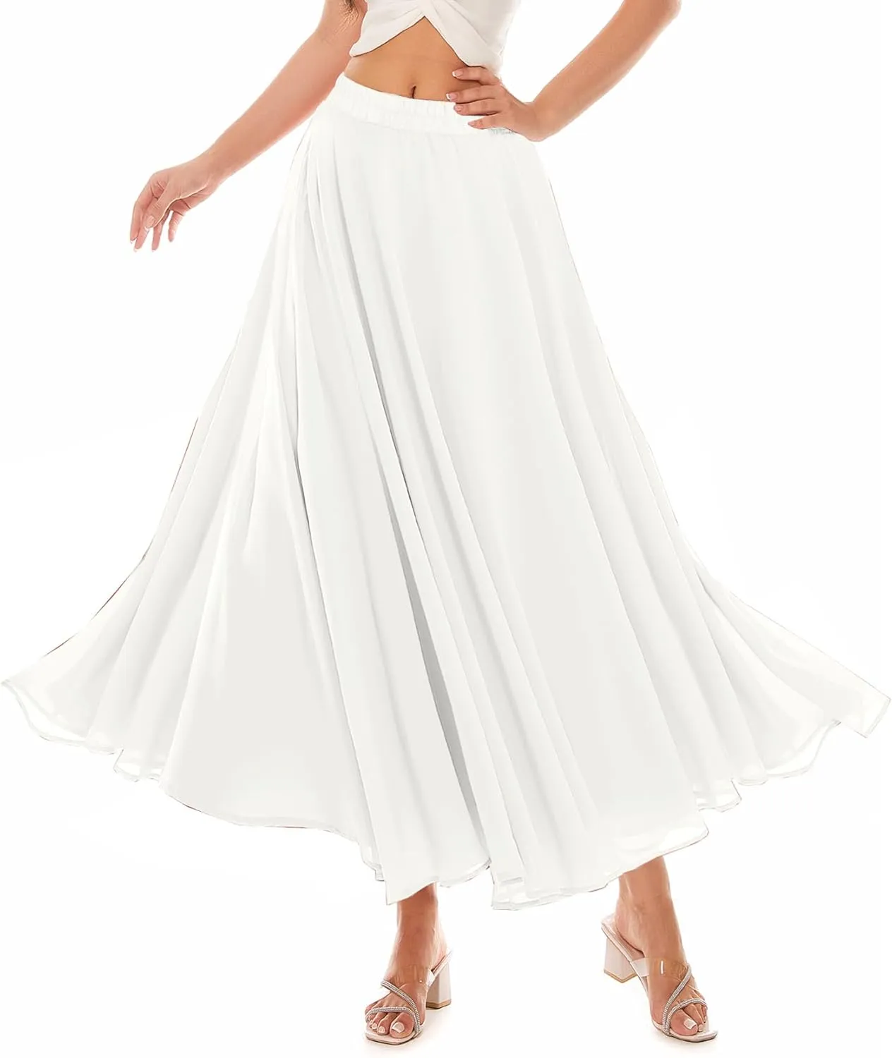 Women Full Ankle Length Elastic Pleated Retro Maxi Chiffon Long Skirt