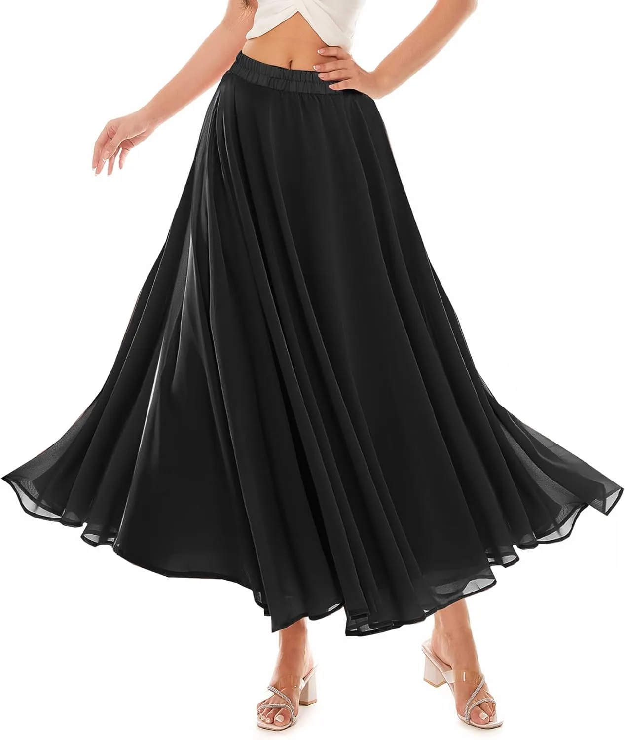 Women Full Ankle Length Elastic Pleated Retro Maxi Chiffon Long Skirt