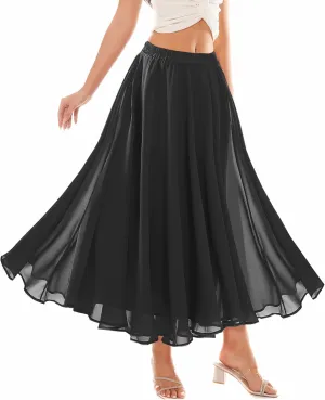 Women Full Ankle Length Elastic Pleated Retro Maxi Chiffon Long Skirt