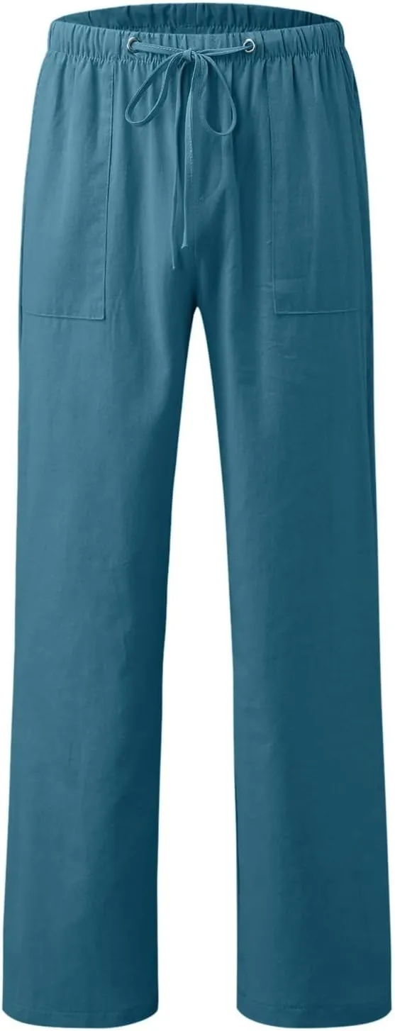 Women Linen Palazzo Pants Summer Wide Leg Elastic High Waist Casual Loose Beach Long Lounge Trousers with Pockets