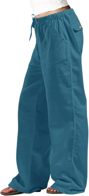 Women Linen Palazzo Pants Summer Wide Leg Elastic High Waist Casual Loose Beach Long Lounge Trousers with Pockets