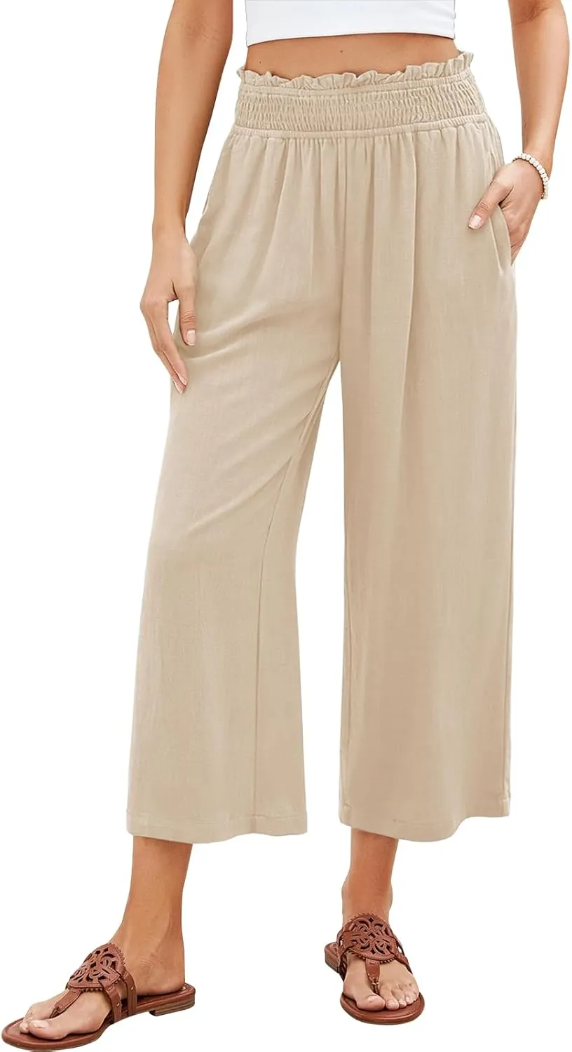 Women Linen Pants Boho Wide Leg High Waisted Pant Flowy Lounge Trousers Summer Beach Vacation Outfits with Pockets