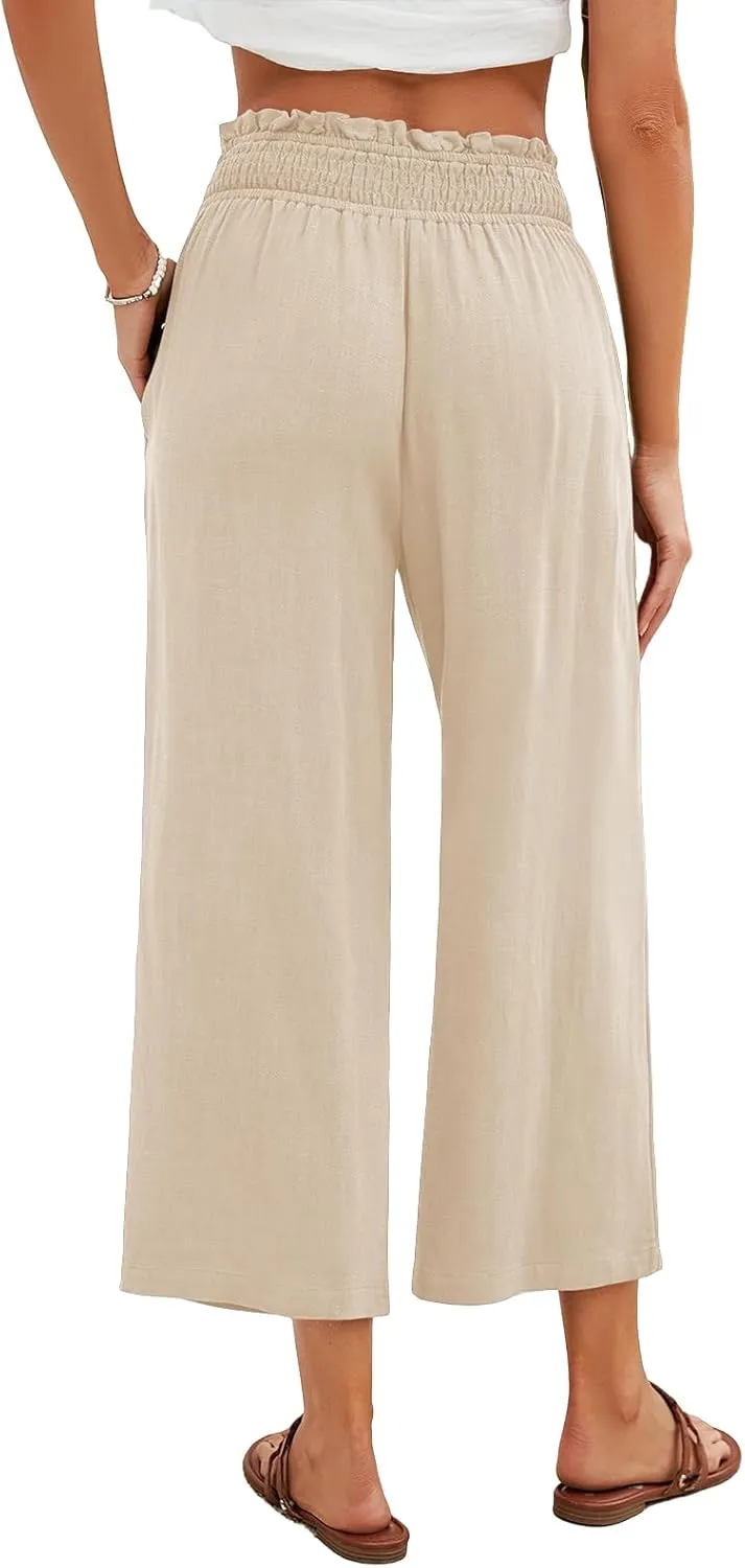 Women Linen Pants Boho Wide Leg High Waisted Pant Flowy Lounge Trousers Summer Beach Vacation Outfits with Pockets