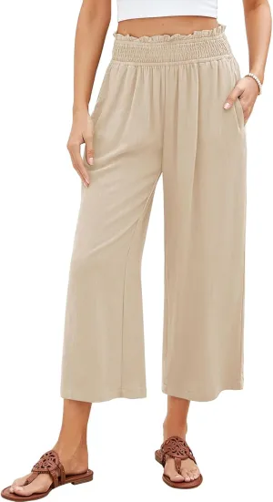 Women Linen Pants Boho Wide Leg High Waisted Pant Flowy Lounge Trousers Summer Beach Vacation Outfits with Pockets
