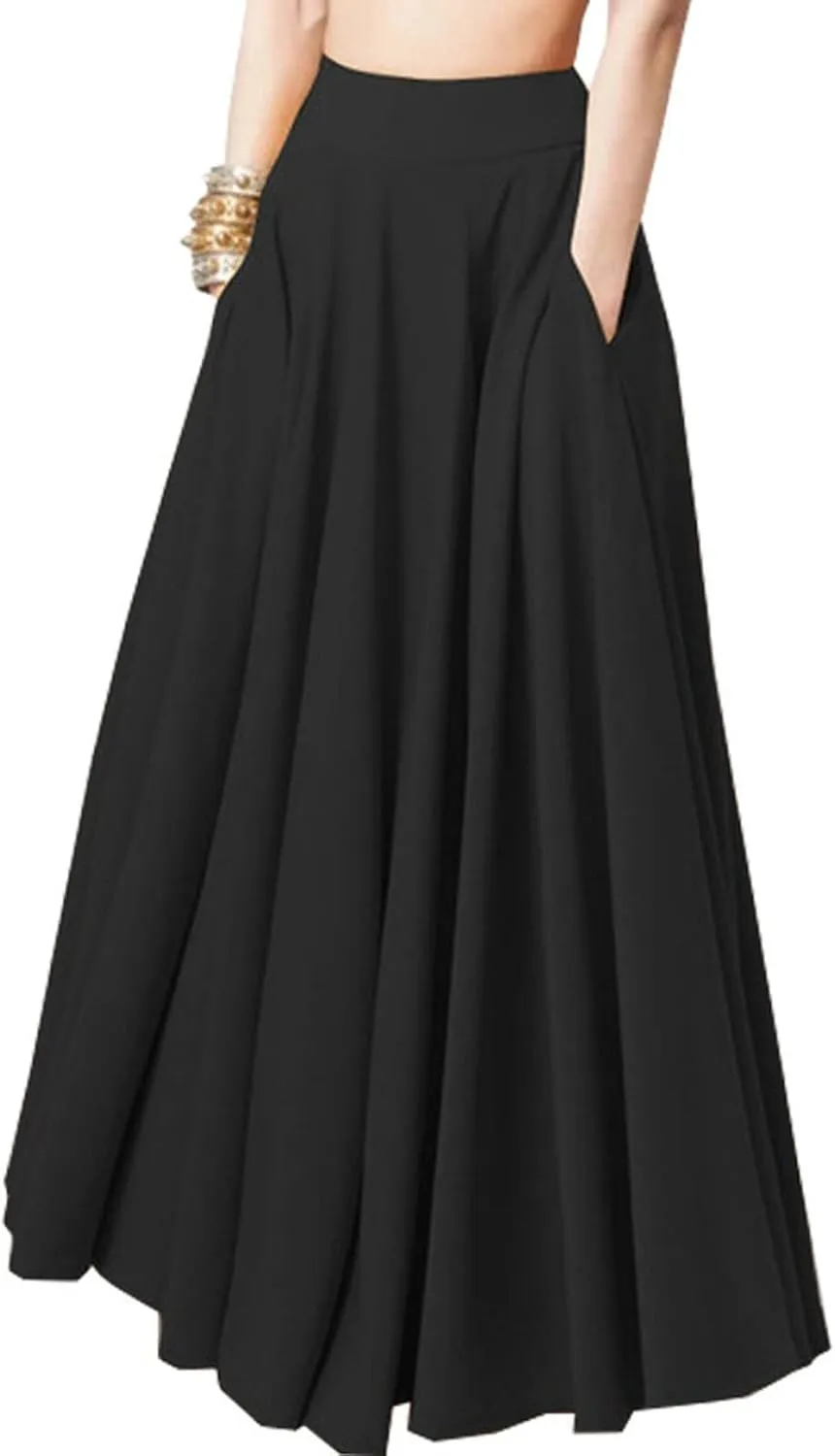 Women Midi Skirt Vintage High Waist Pleated Skirt With Pockets Swing A-Line Maxi Dress Vintage Flowy Flared Long Skirts