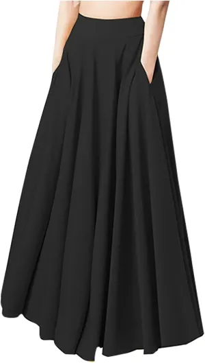 Women Midi Skirt Vintage High Waist Pleated Skirt With Pockets Swing A-Line Maxi Dress Vintage Flowy Flared Long Skirts