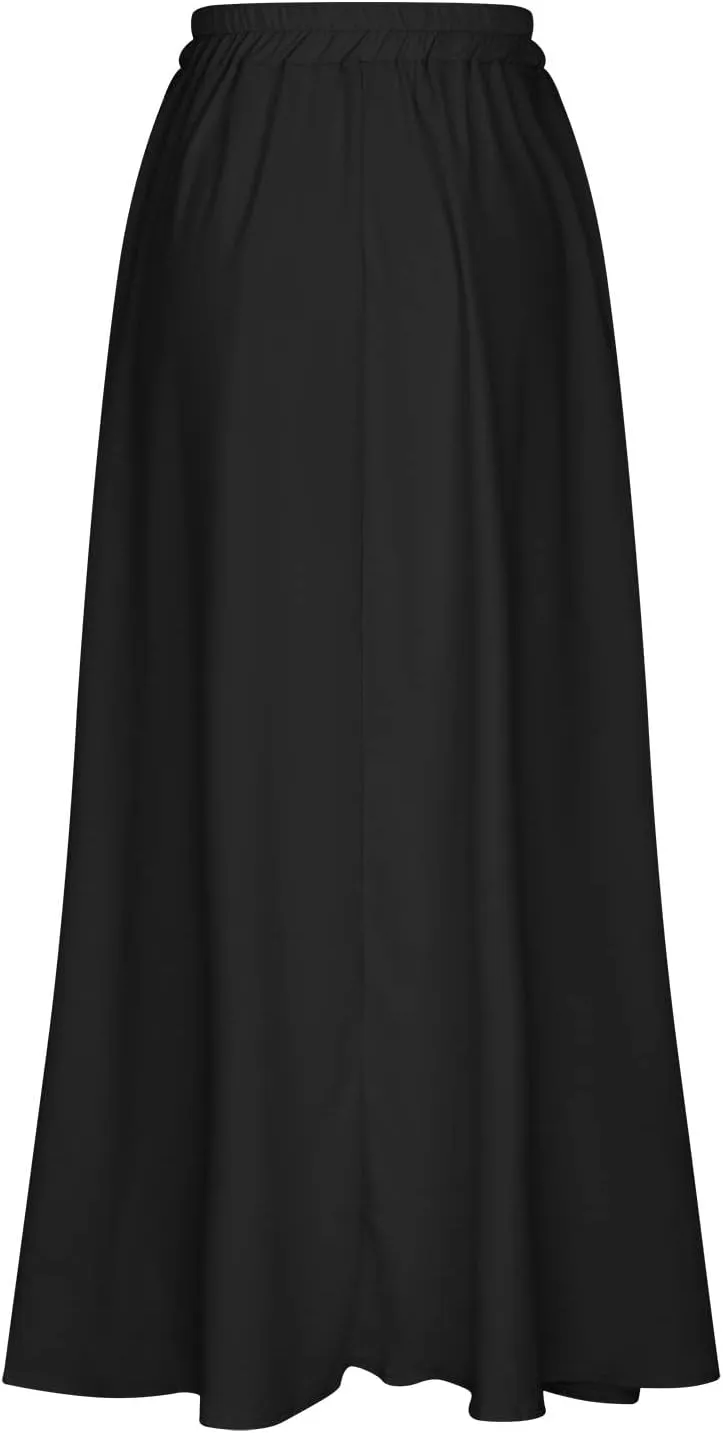 Women Midi Skirt Vintage High Waist Pleated Skirt With Pockets Swing A-Line Maxi Dress Vintage Flowy Flared Long Skirts
