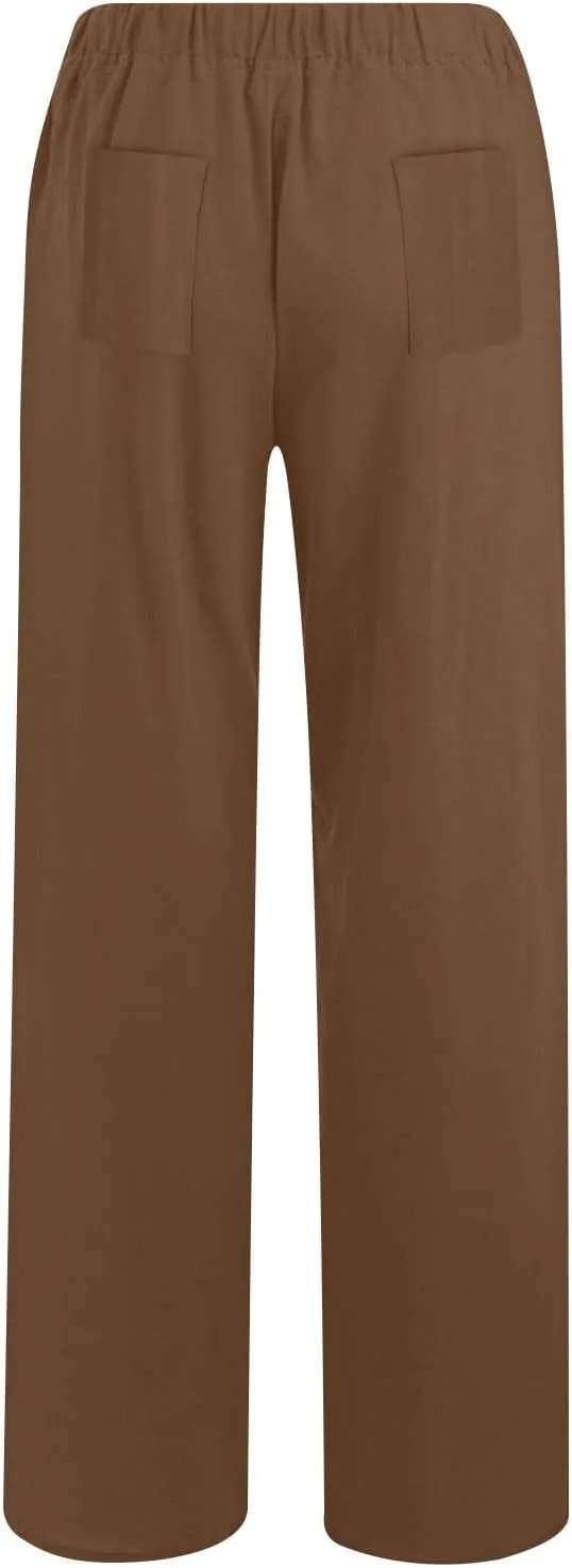 Women Summer Casual Cotton Linen Palazzo Pants Wide Leg Lounge Pant Long Trouser with Pocket Beach Vacation Outfits