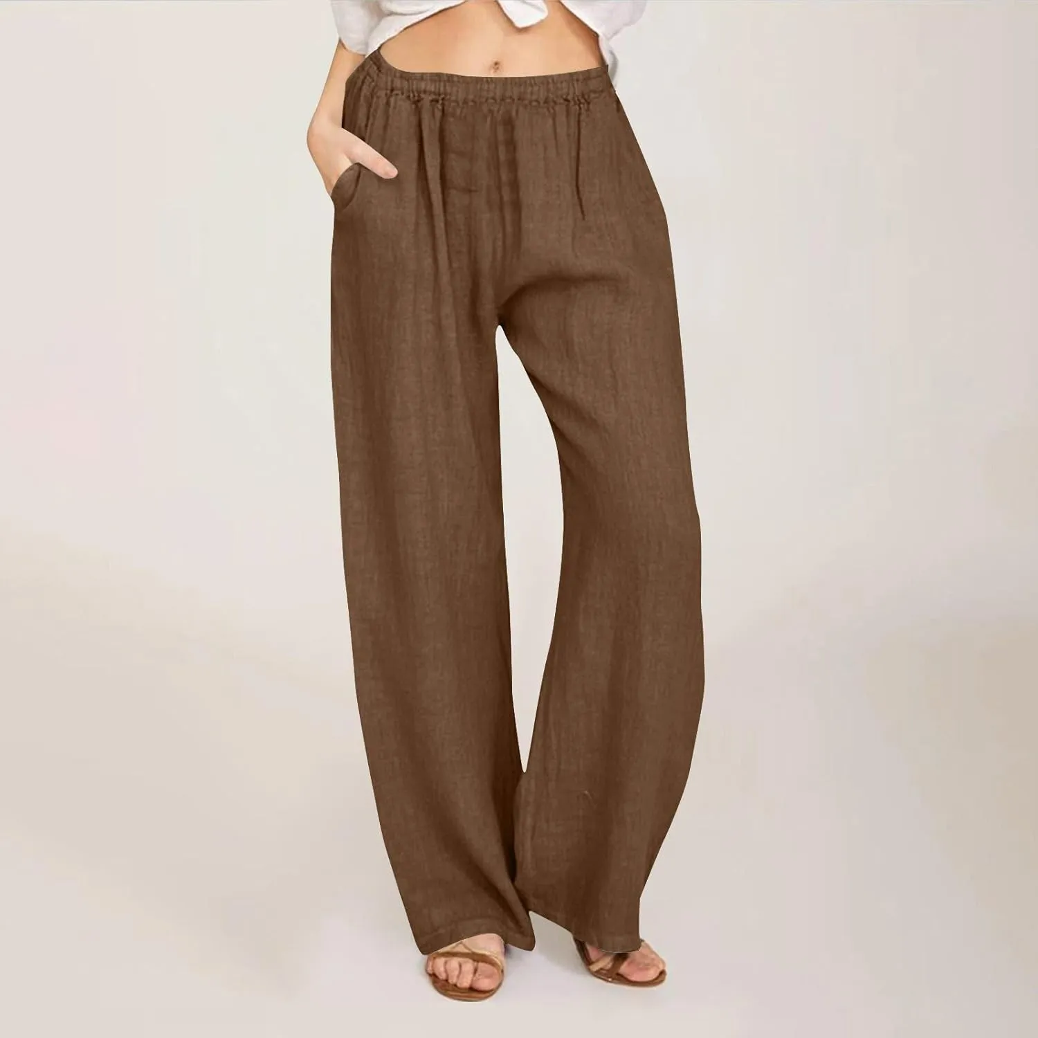 Women Summer Casual Cotton Linen Palazzo Pants Wide Leg Lounge Pant Long Trouser with Pocket Beach Vacation Outfits