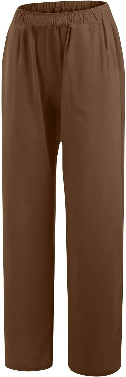 Women Summer Casual Cotton Linen Palazzo Pants Wide Leg Lounge Pant Long Trouser with Pocket Beach Vacation Outfits