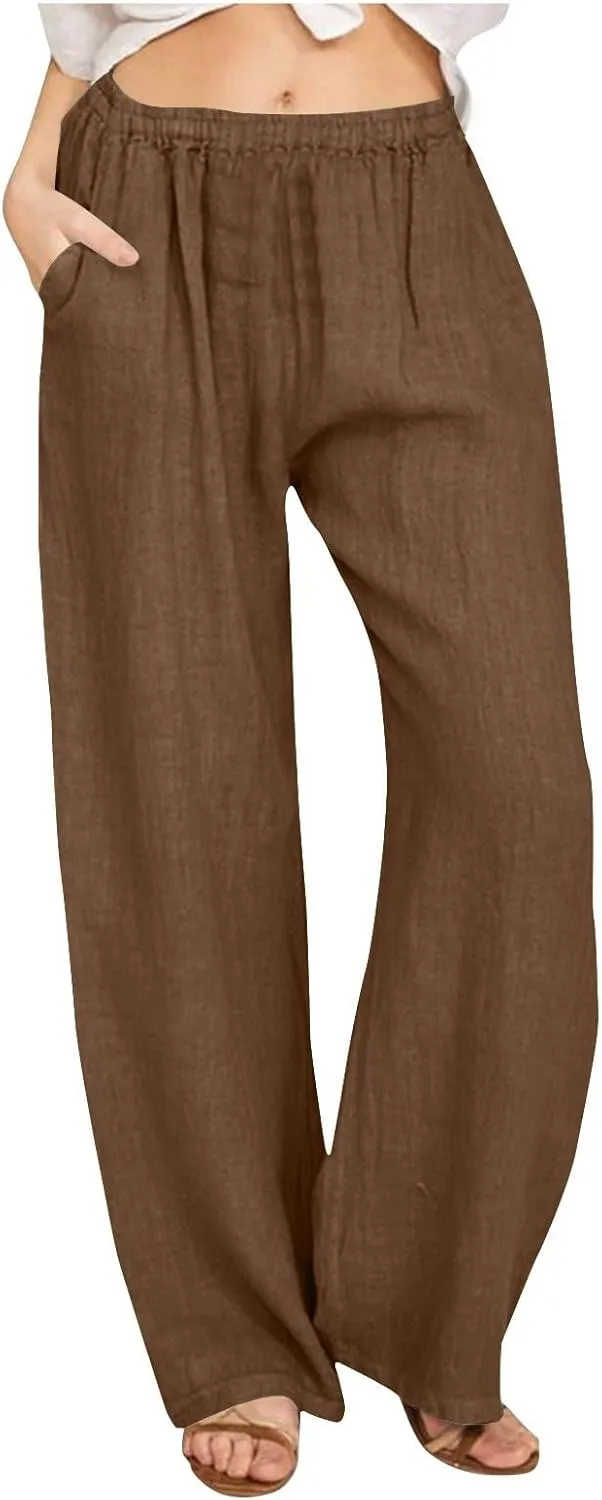 Women Summer Casual Cotton Linen Palazzo Pants Wide Leg Lounge Pant Long Trouser with Pocket Beach Vacation Outfits