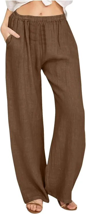 Women Summer Casual Cotton Linen Palazzo Pants Wide Leg Lounge Pant Long Trouser with Pocket Beach Vacation Outfits